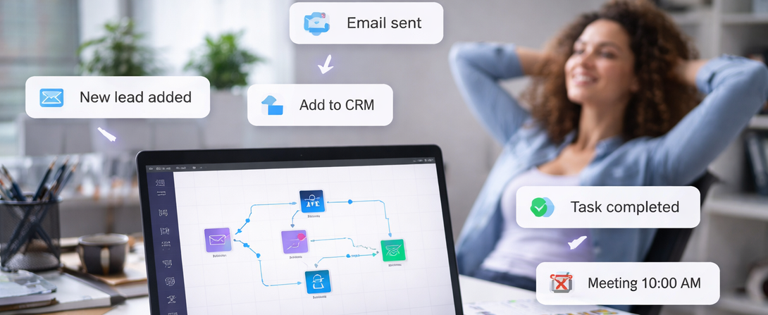 Woman smiling at desk with laptop and task labels for new lead added, email sent, ask to CRM, tax completed