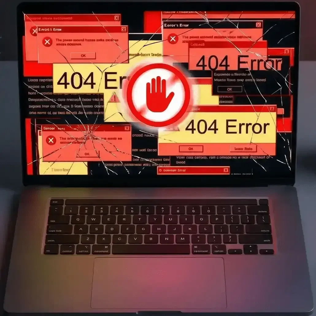 Laptop screen filled with red 404 error pop-ups and a stop hand symbol