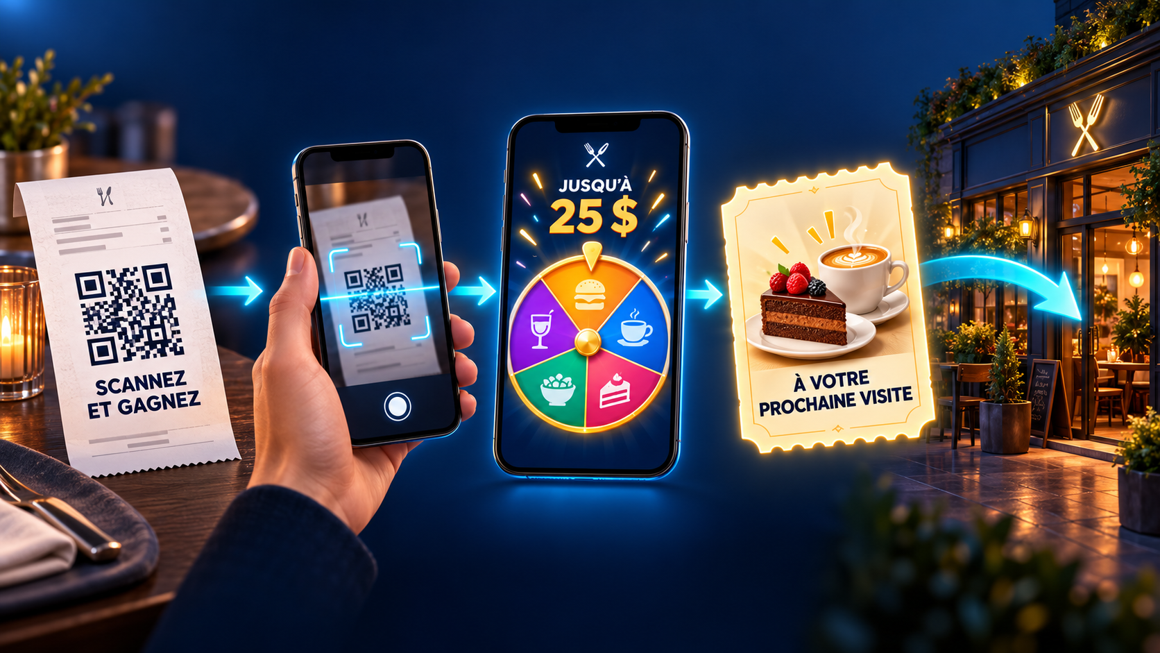 Facture avec code QR, roue restaurant, coupon et prochaine visite