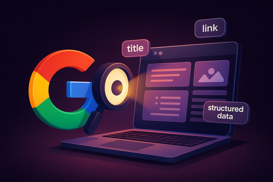 Google logo beside a laptop with web page cards labeled title