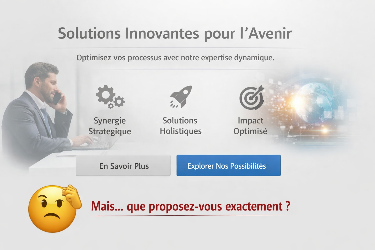Bannière de site web d'entreprise française avec un homme au téléphone, des icônes et des boutons d'appel à l'action bleus