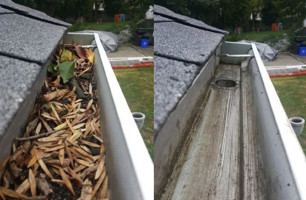 Cleaning gutter before and after — Brandenburg, KY — Herencia Construction LLC