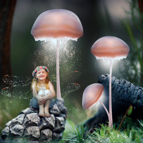 Fantasy girl sitting on rocks among glowing pink mushrooms in a misty forest