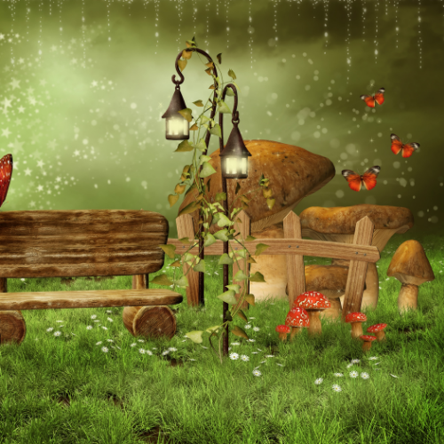 Whimsical garden with wooden bench, lamp posts, mushrooms, and butterflies in soft green light