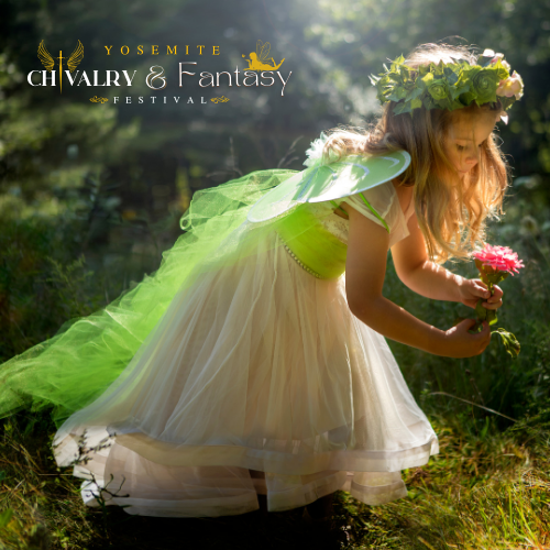 Costumed fairy in a green-and-white dress holding flowers in a sunlit forest clearing