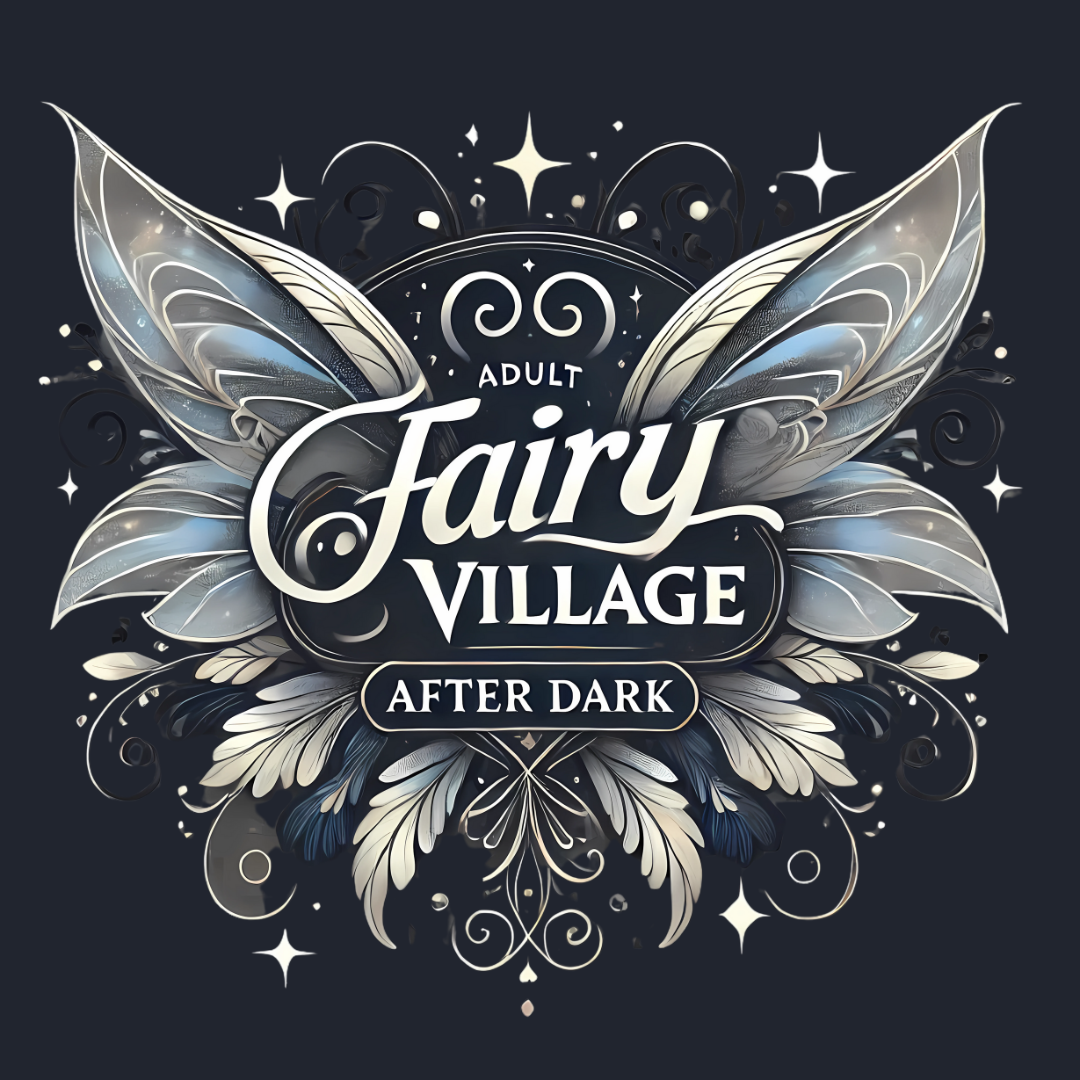 Adult Fairy Village After Dark logo with silver fairy wings and stars on a dark background