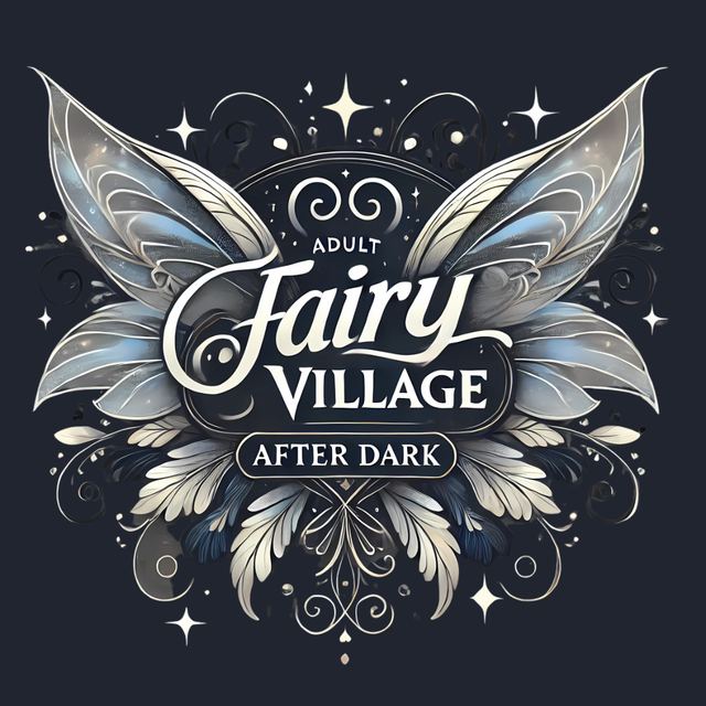 Dark fantasy logo reading “Adult Fairy Village After Dark” with silver wings and ornate floral details