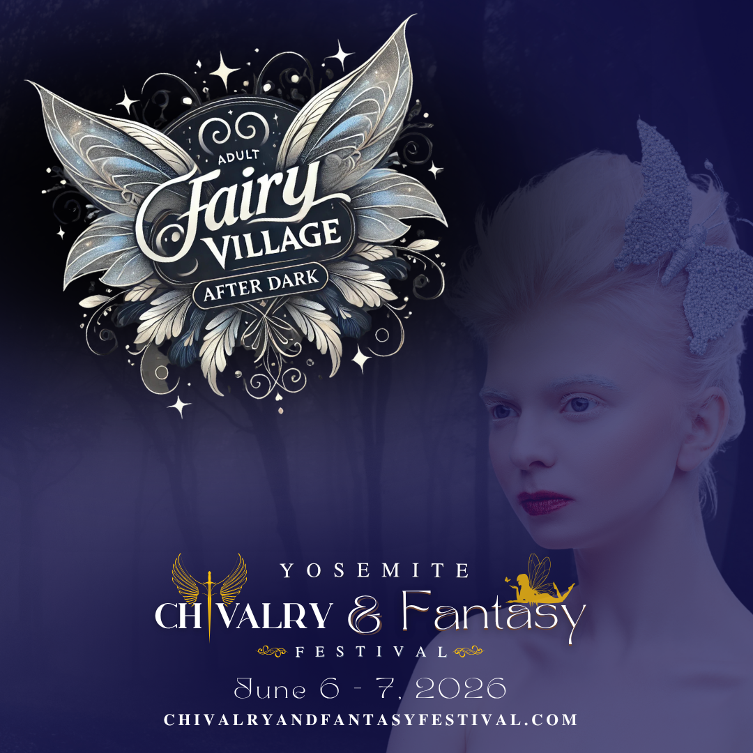 Dark fairy-themed event poster with winged logo, woman portrait, and “Chivalry & Fantasy” text