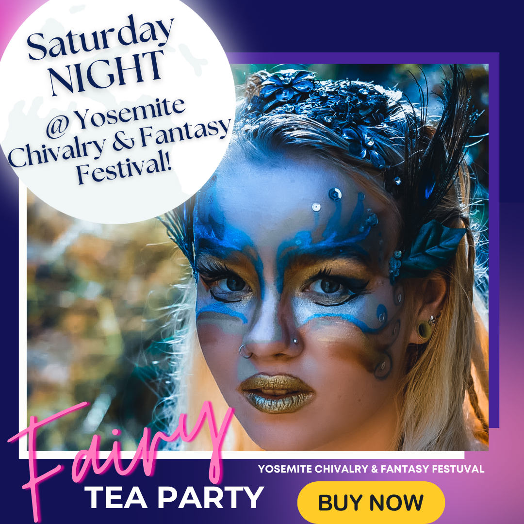 Saturday night fairy tea party promo with blue face paint, gold lips, and event details.