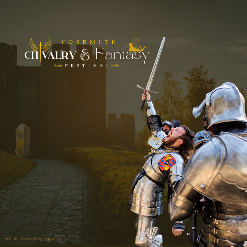 Two knights in armor battle; one celebrates victory with sword raised before a castle.