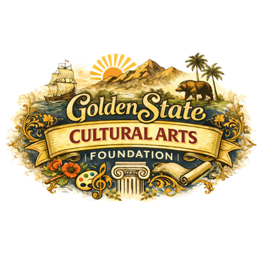 Golden State Cultural Arts Foundation logo with gold banner, sunburst, mountains, palm trees, and mission-style details