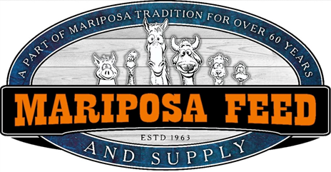 Mariposa Feed and Supply logo with cartoon farm animals and text on a wood background.
