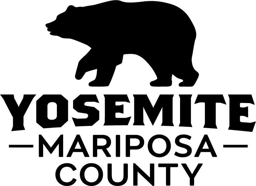 A black and white logo for yosemite mariposa county with a bear.
