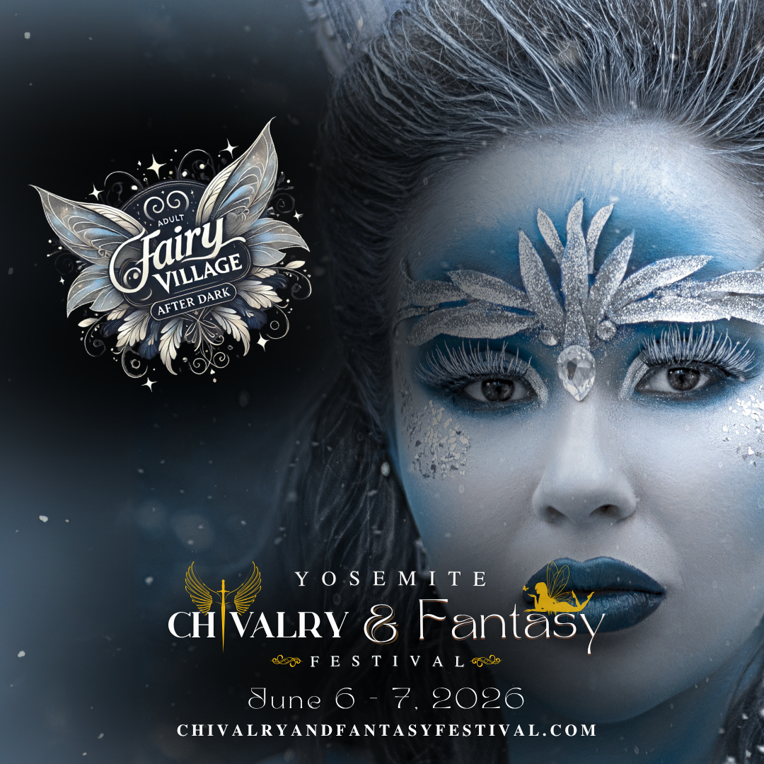 Fantasy portrait of a blue-faced woman with silver headdress and Fairy Village logo text
