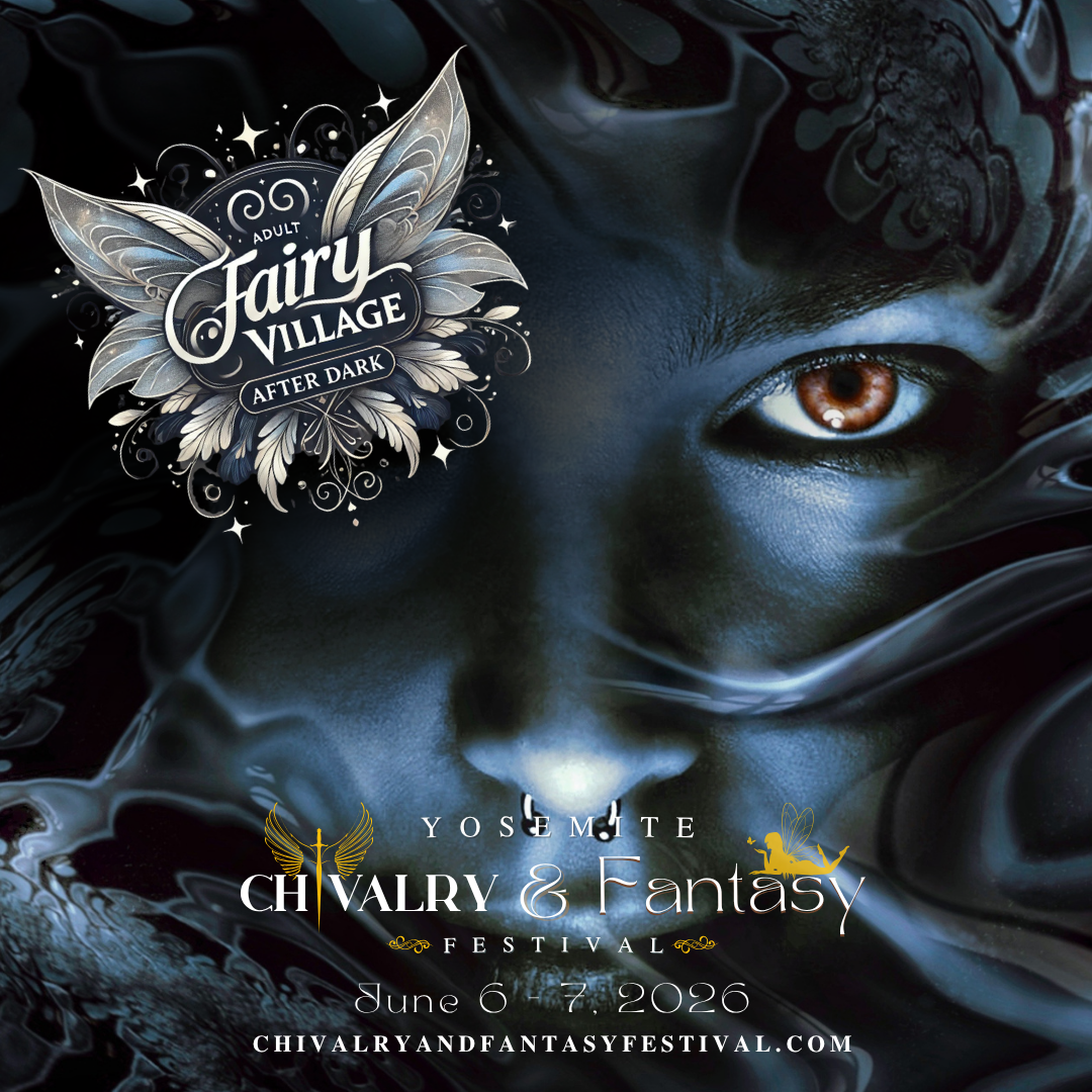 Fantasy event poster with a dark blue masked face and fairy village logo in the corner