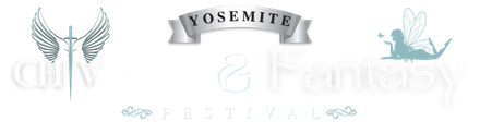 A logo for yosemite and fantasy festival with a fairy and a cross.