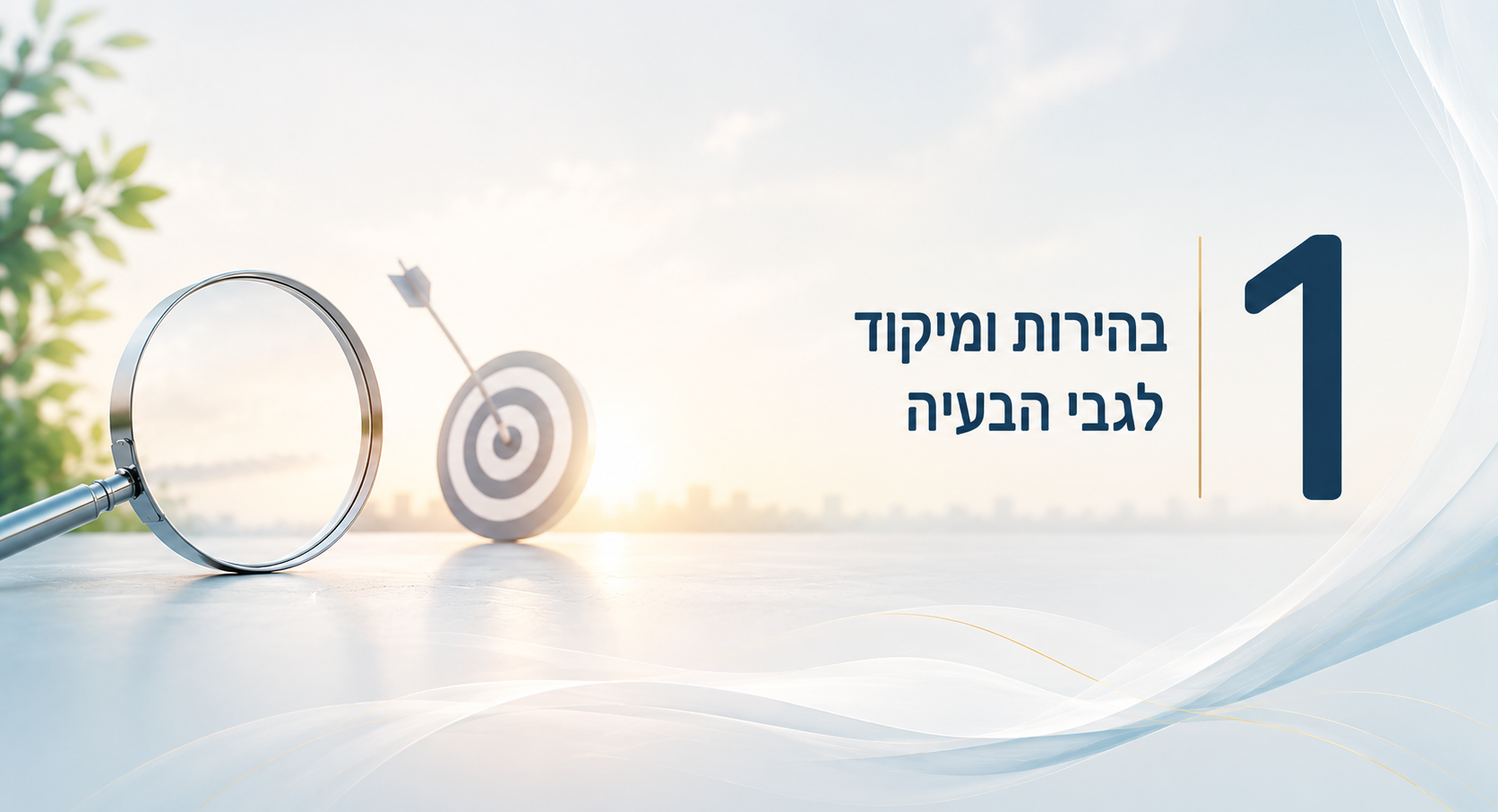 1. בחירות ומיקוד לגבי הבעיה, עם מטרה מצוירת ברקע לבן-כחול
