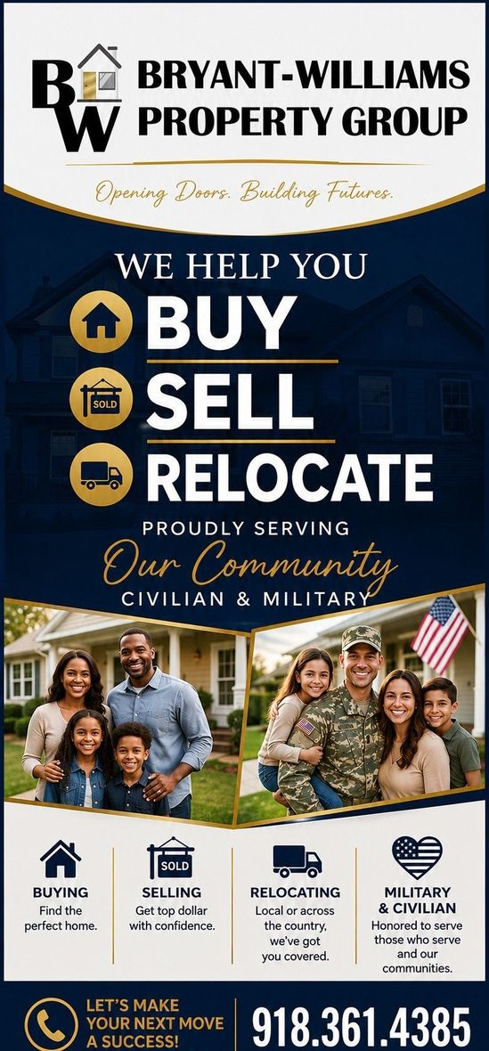 Bryant-Williams Property Group real estate ad with “Buy, Sell, Relocate” and team photo on a navy and gold background