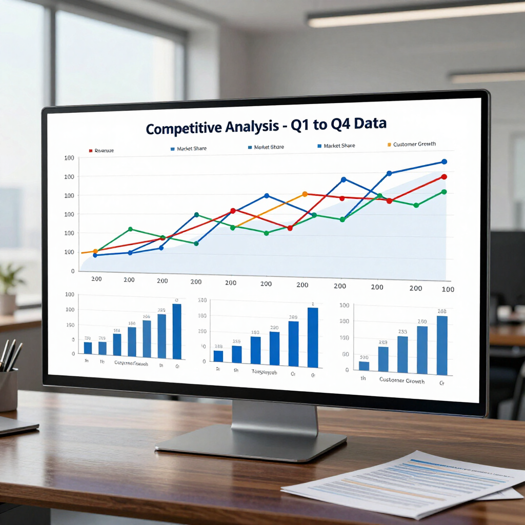 Office monitor showing Q1 to Q4 competitive analysis charts and bar graphs on a desk