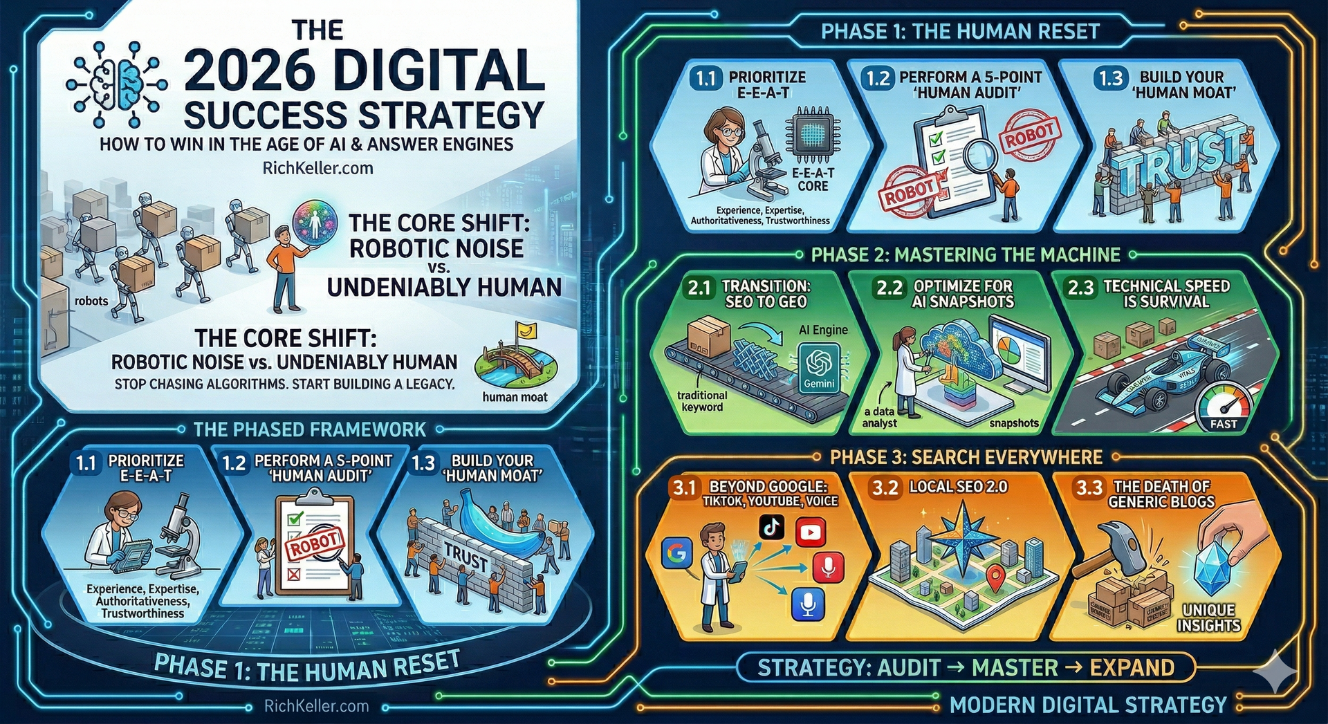 Infographic titled “2026 Digital Success Strategy” with blue, green, and orange panels of business icons and charts