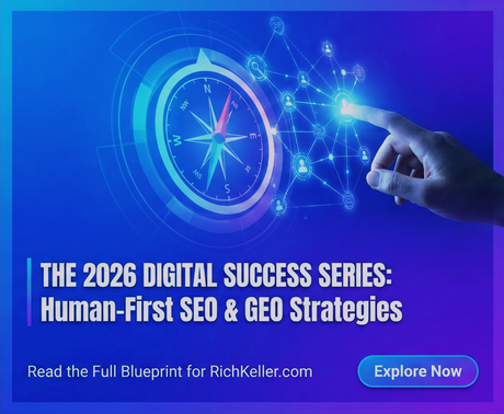 Blue promo banner for “The 2026 Digital Success Series: Human-First SEO & GEO Strategies” with compass and pointing hand