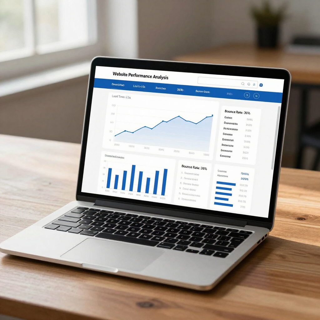 Laptop displaying analytics dashboard with blue charts on a wooden desk near a window