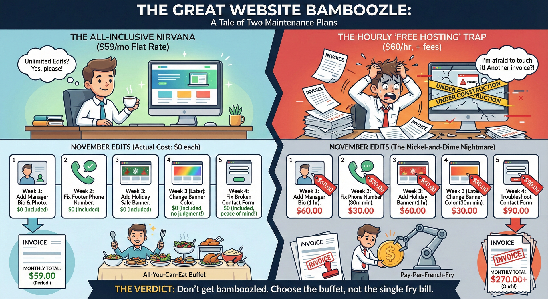 Cartoon infographic on website scams, showing a money-making website and deceptive ads, with confused users and red flags