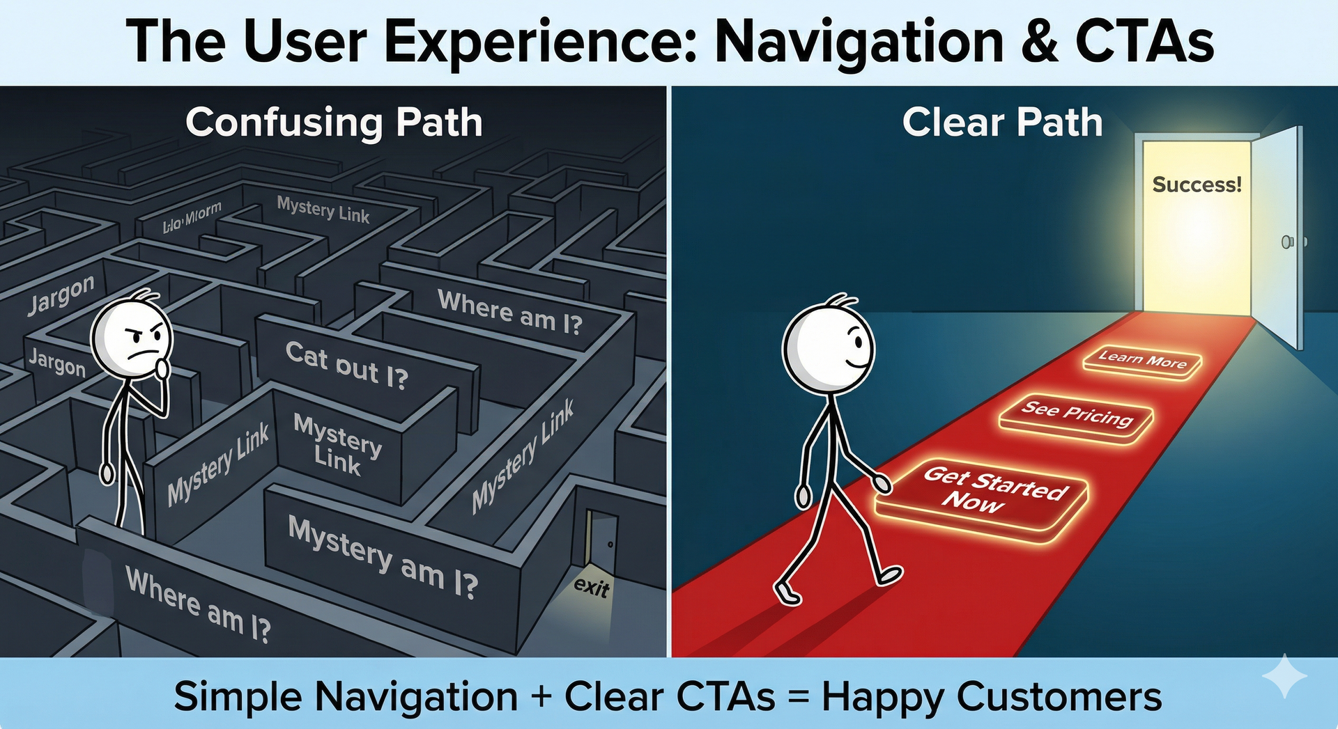 Split-screen UI diagram: confusing dark path versus clear red path with a stick figure and “Happy Customers” banner