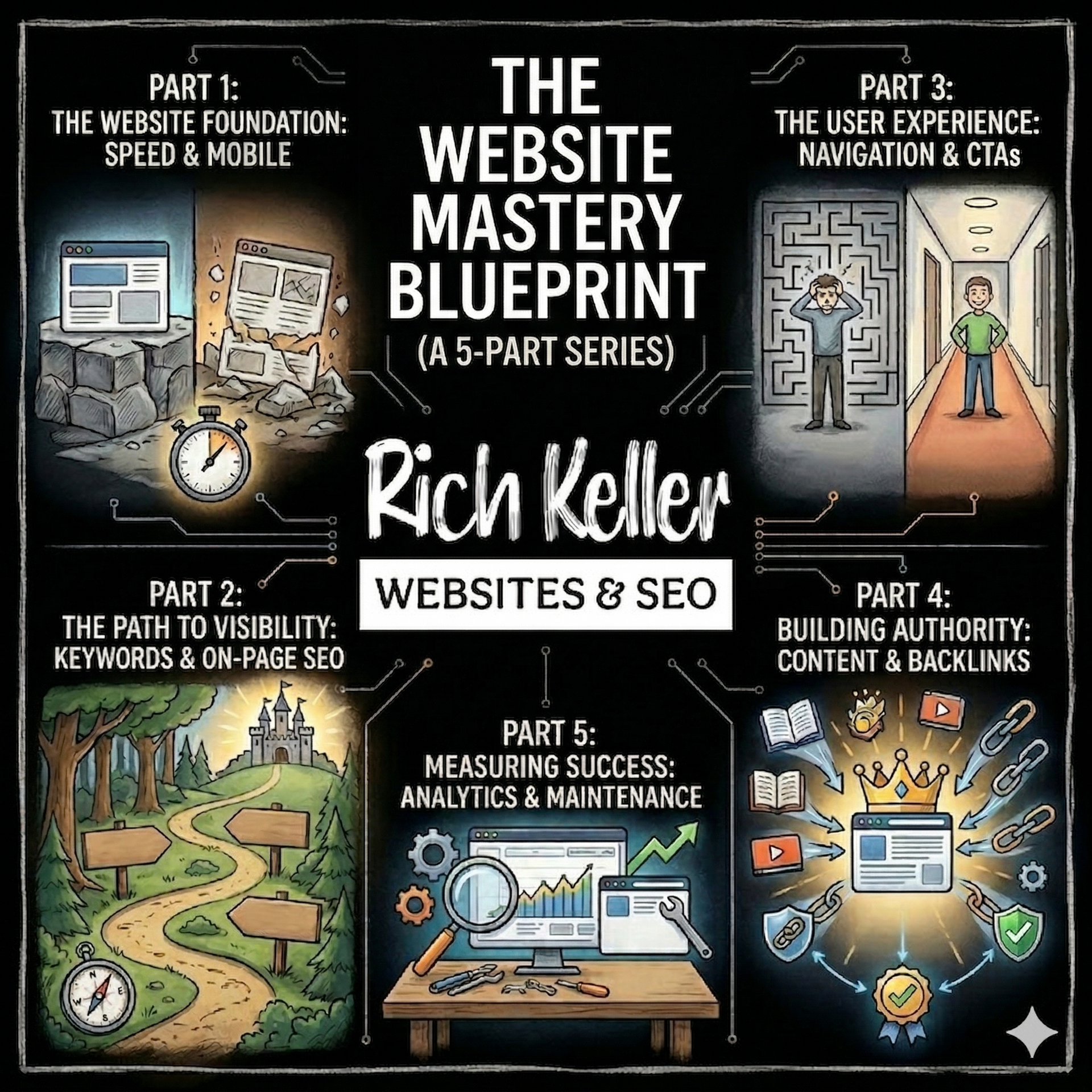 Infographic titled “The Website Mastery Blueprint” with six SEO/web design sections and illustrated scenes.