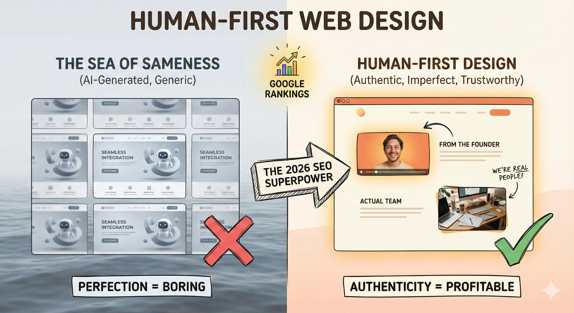 Human-first web design comparison: left, bland grid 