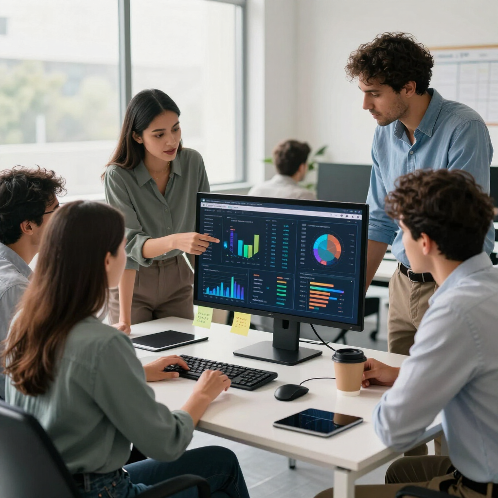 Team meeting around a desktop monitor showing analytics charts in a bright office