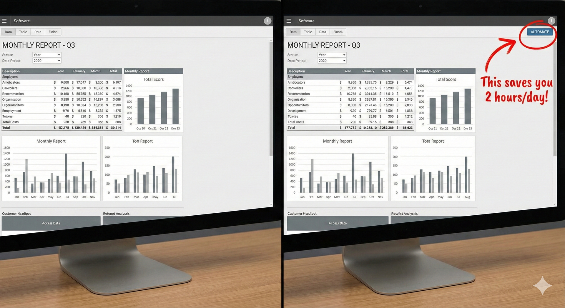 Two desktop monitors show a dashboard; the right screen has a red circled note pointing to the top-right corner.