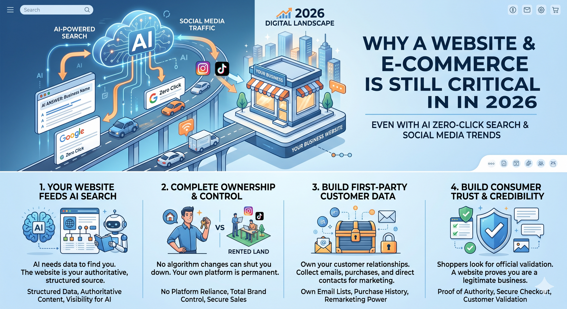 Blue infographic about why websites and e-commerce are still critical in 2026, with icons and charts