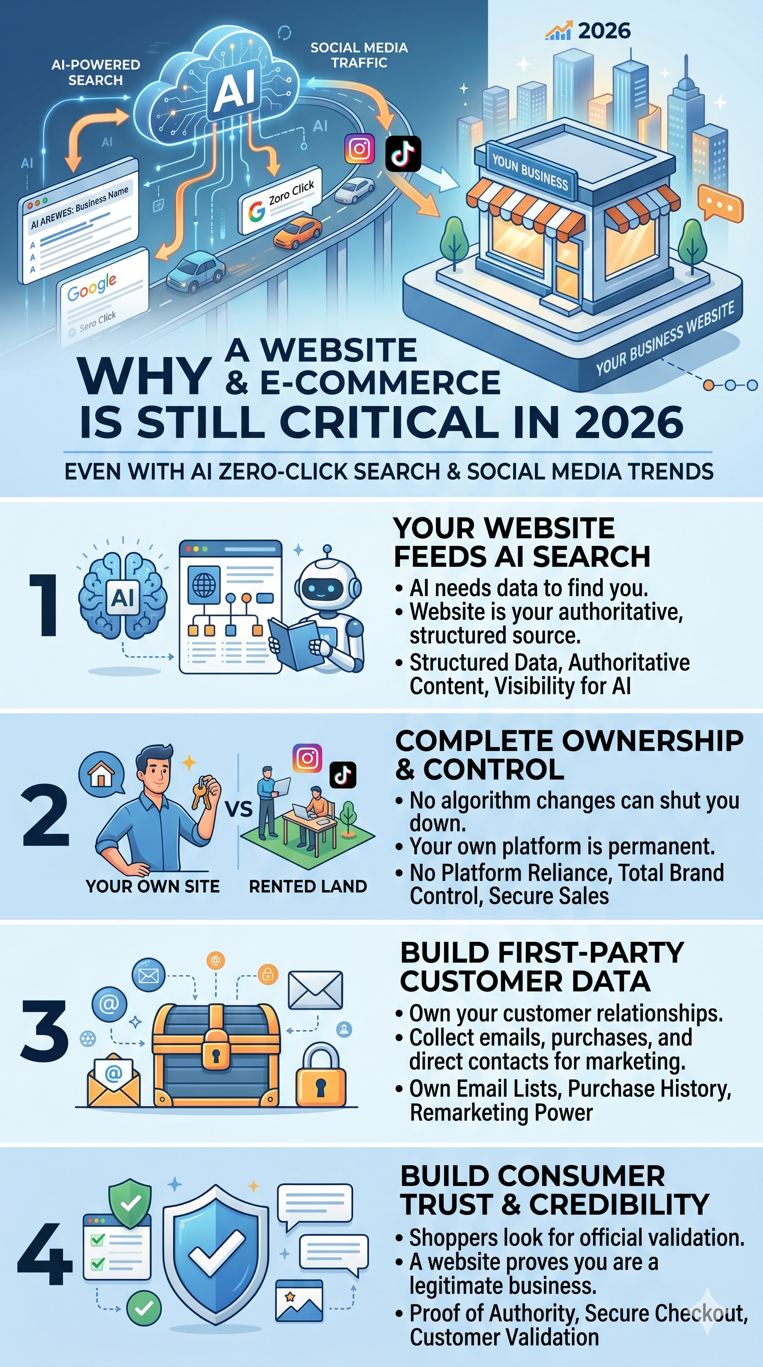 Infographic on website importance in 2026, showing 4 reasons with icons and a city illustration.