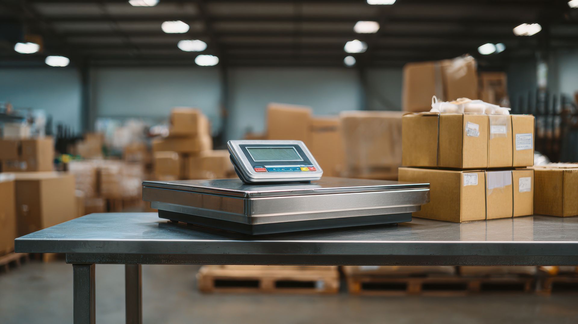 A digital platform scale on a metal table, sold by a trusted industrial weighing scale supplier.