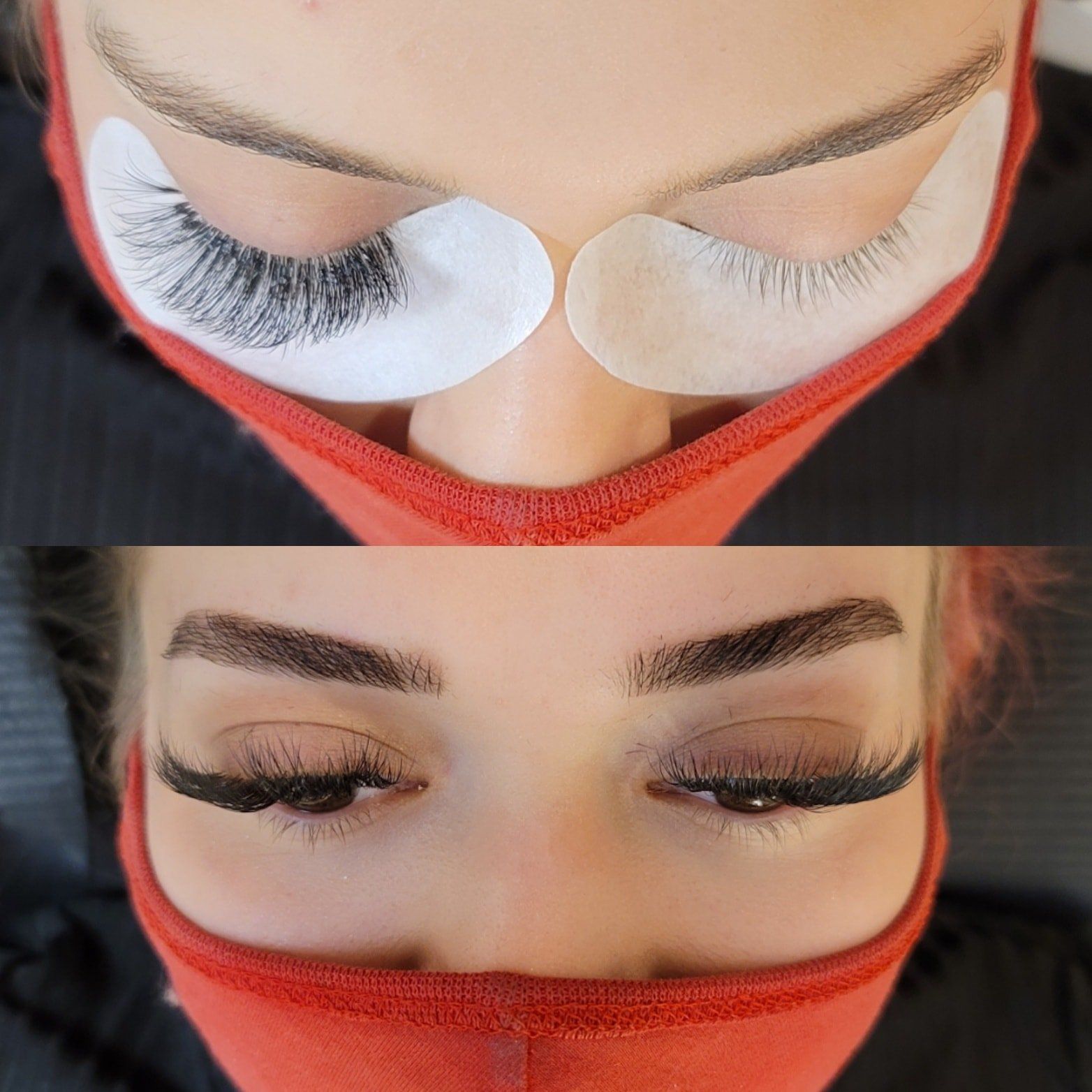 Top: Eye with lash extensions on one side, eye with tape on the other. Bottom: Both eyes with finished lash extensions. Red mask.