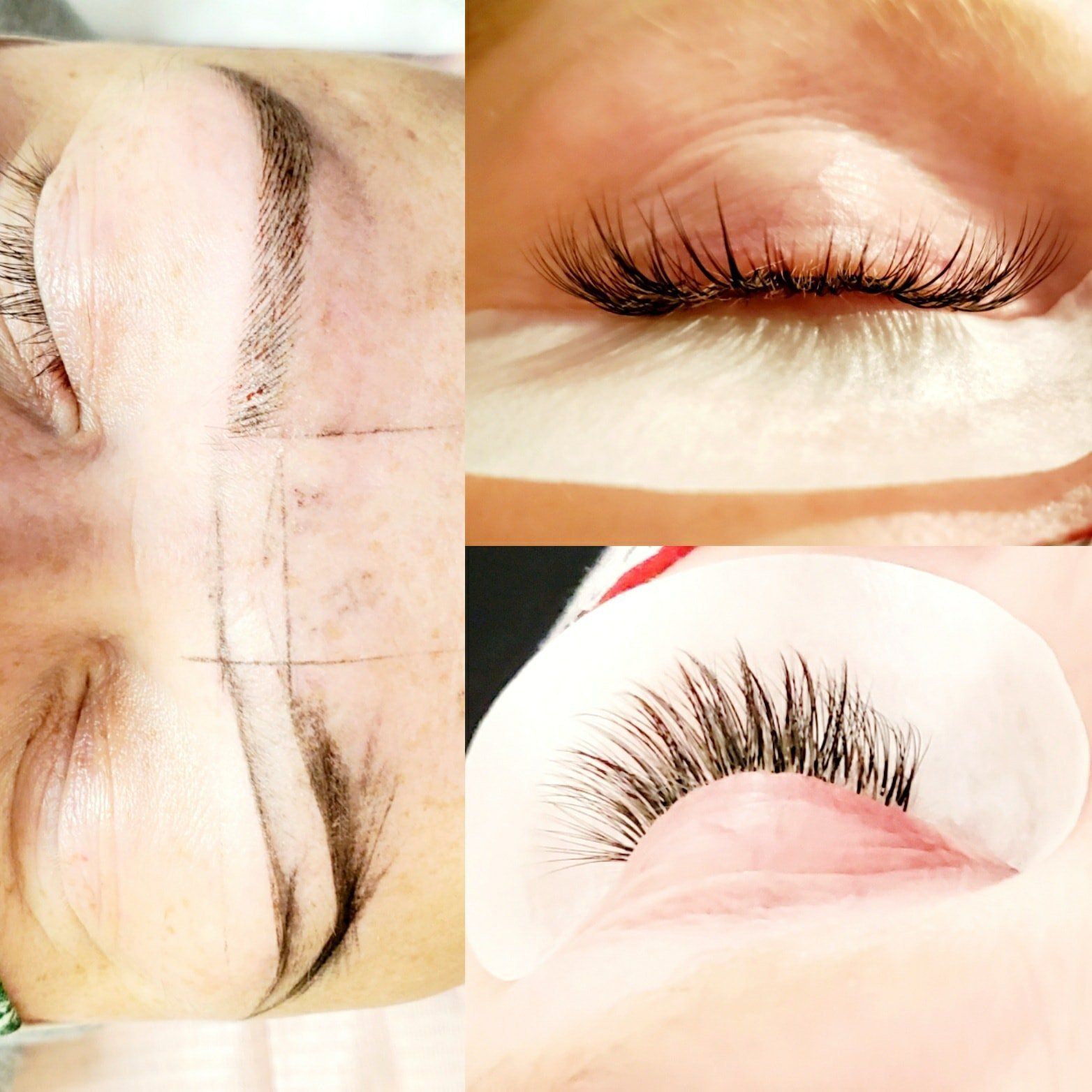 Close-up of woman's face; one eye closed with eyelash extensions, other eye showing eyebrow mapping and design.