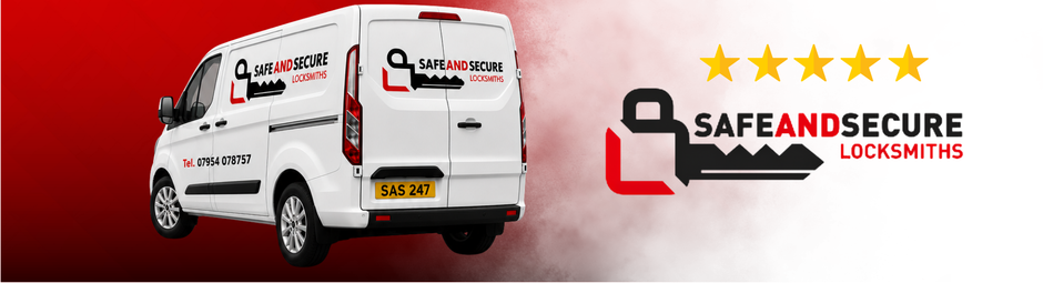 Safe and secure locksmith van and business logo. 5 star rating