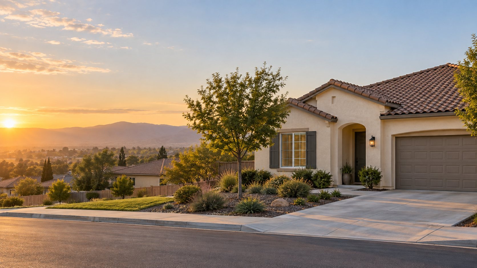 Sunset view of a modern house with a garage, desert landscaping, and distant mountains