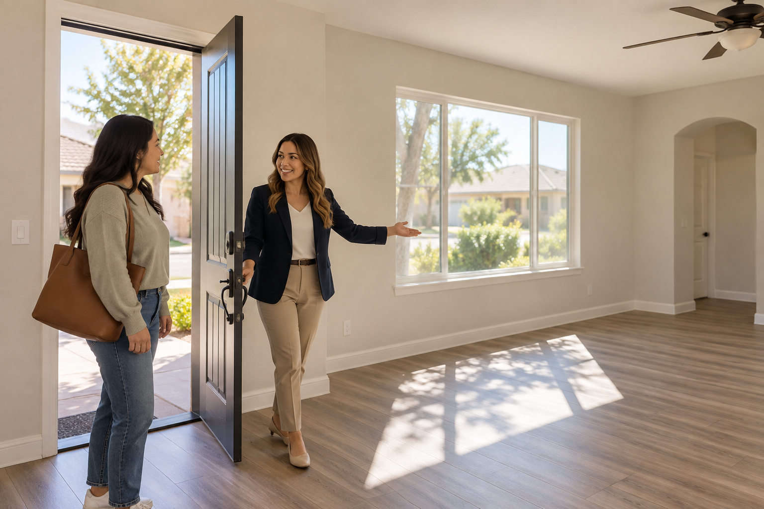 Two people tour an empty sunlit room with large windows and open front door.