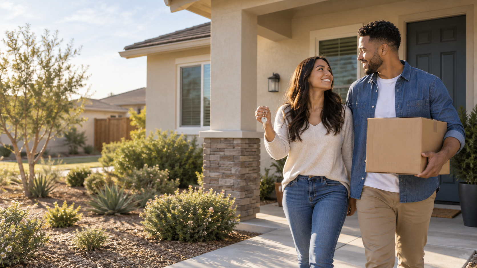 Two people carrying boxes walk toward a suburban house with a front porch and desert landscaping