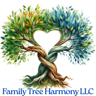 Two trees intertwined in a heart shape with green and blue leaves, logo for Family Tree Harmony LLC.