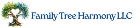 Logo: Family Tree Harmony LLC, a heart-shaped tree with blue text.