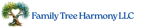 Logo of Family Tree Harmony LLC; a tree with a heart-shaped opening in the center.