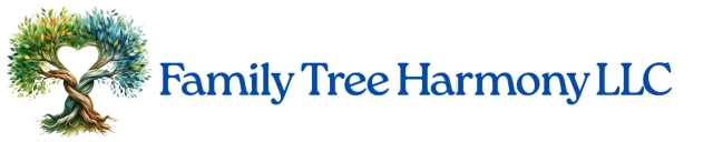 Logo of Family Tree Harmony LLC; a tree with a heart-shaped opening in the center.