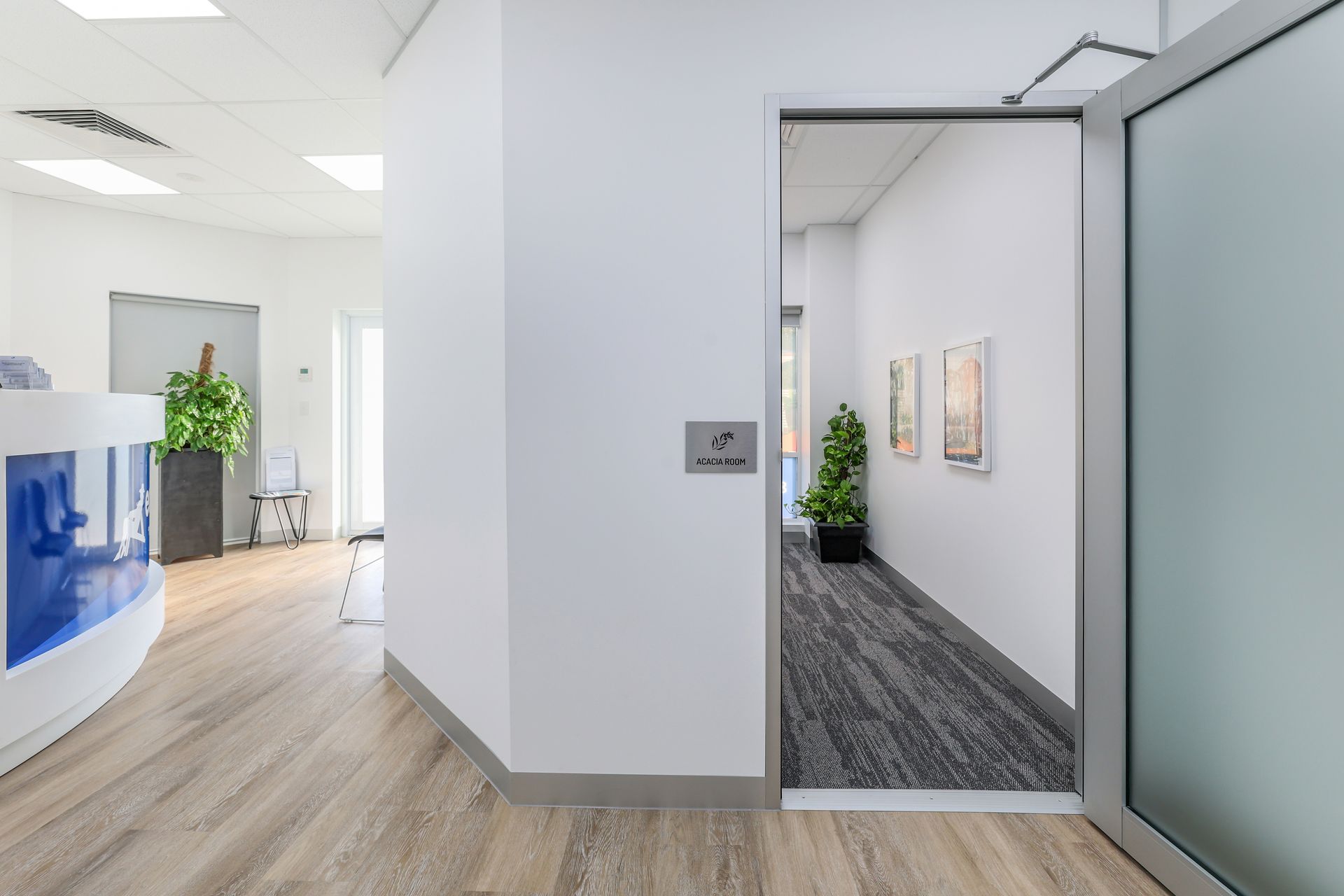 Hallway with partially open door; white walls, gray carpet, art, plants, and a reception area visible.