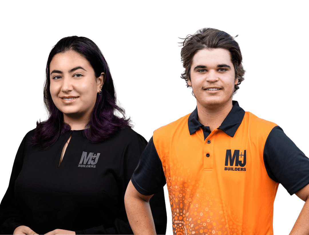 Two people smiling, woman in black top, man in orange work shirt, both with