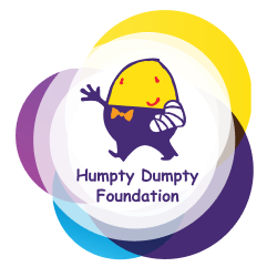 Humpty Dumpty Foundation logo: Egg character with bowtie and bandage, walking; surrounded by colorful circles.