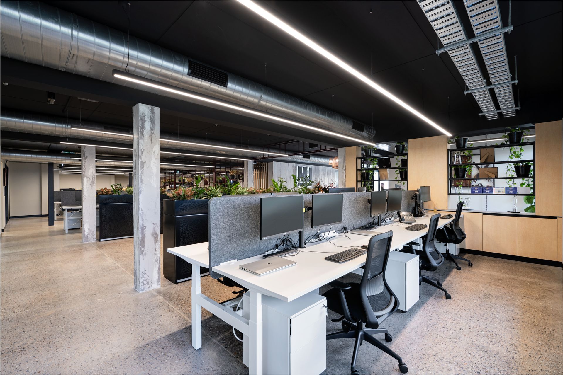 Open office workspace with desks, computers, and chairs. Features a black ceiling, concrete columns, and a few plants.