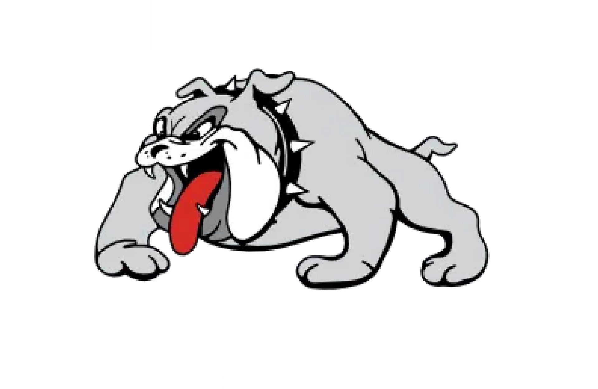 Gray bulldog mascot with spiky collar and red tongue.